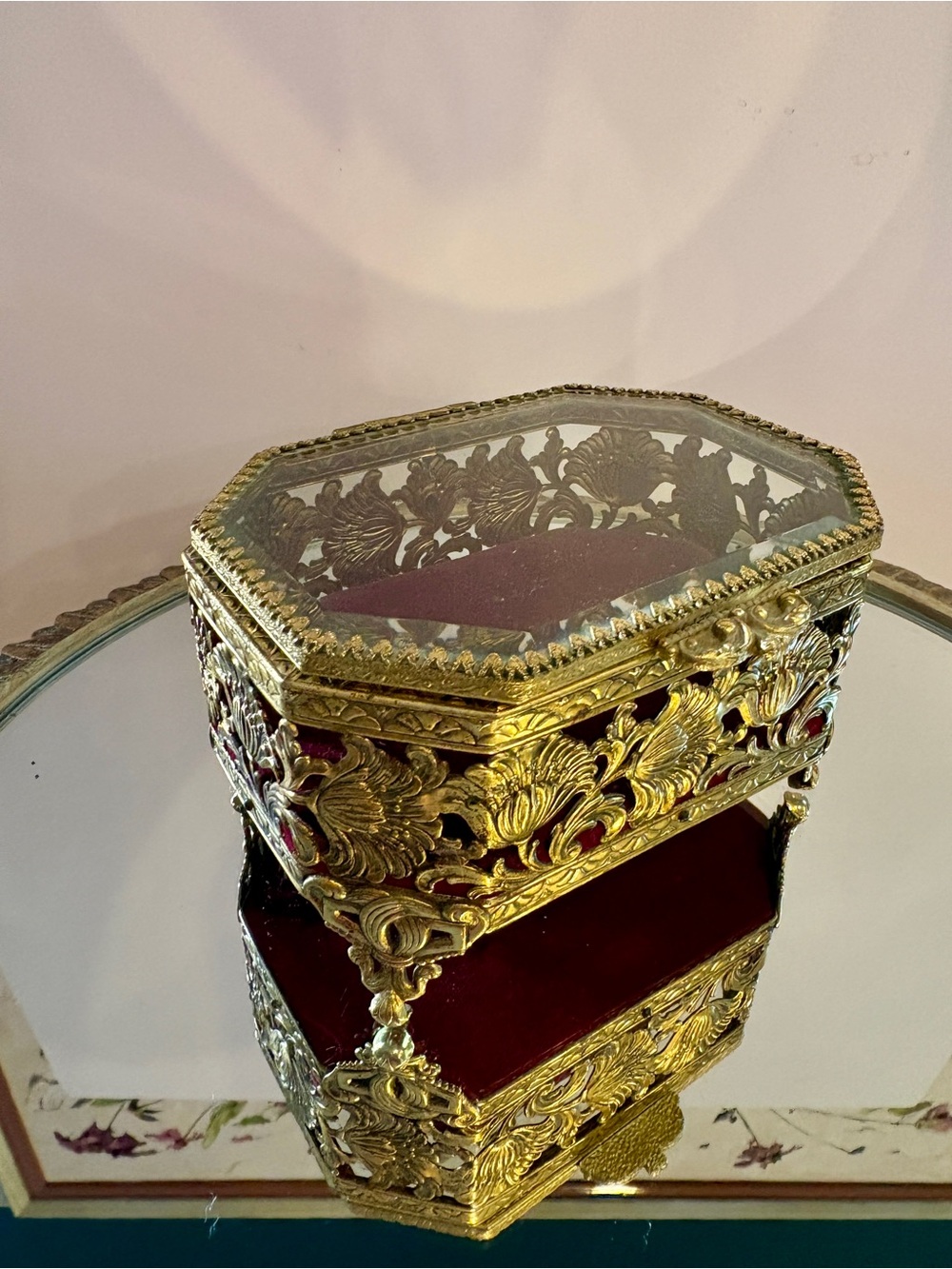 Vintage Ormolu Beveled Glass Jewelry Box with Red Velvet Lining